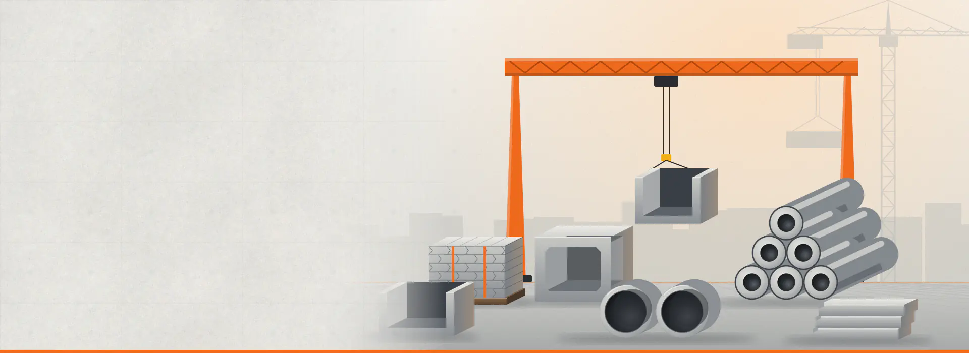 Ilustrasi area produksi beton pracetak dengan gantry crane oranye mengangkat U-ditch, serta paving block, box culvert, buis beton, spun pile, dan kanstin